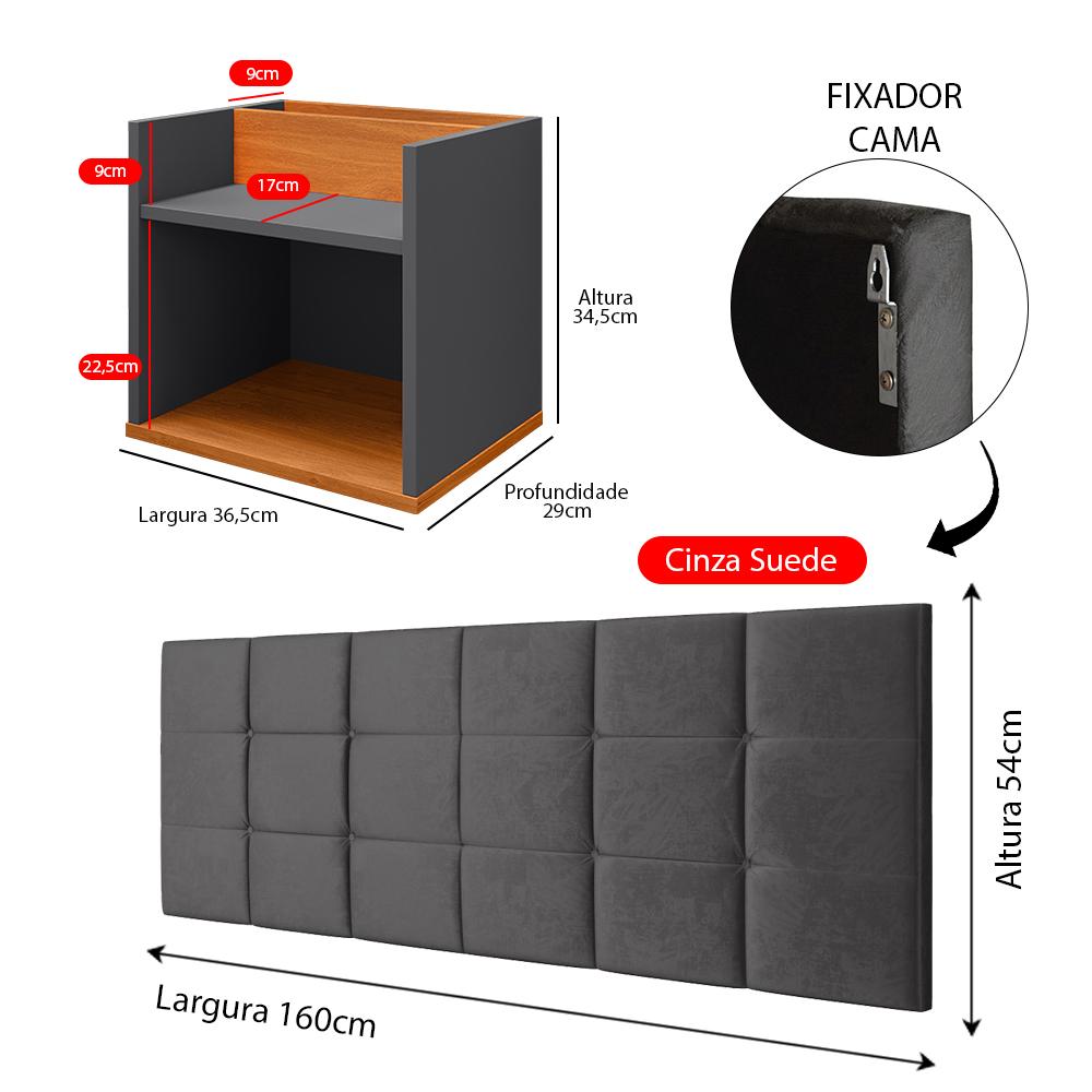 Kit 2 Mesas Suspensa Madri Nicho Aparador Lateral Cabeceira Bia 1,60 Painel Cama Box Queen Size Suede Quarto - Cinza/Cinamomo