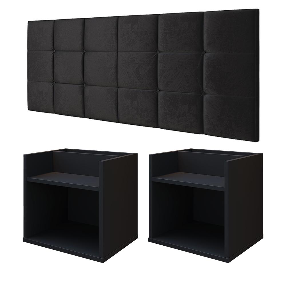 Kit 2 Mesas Suspensa Madri Nicho Aparador Lateral Cabeceira Bia 1,60 Painel Cama Box Queen Size Suede Quarto - Preto