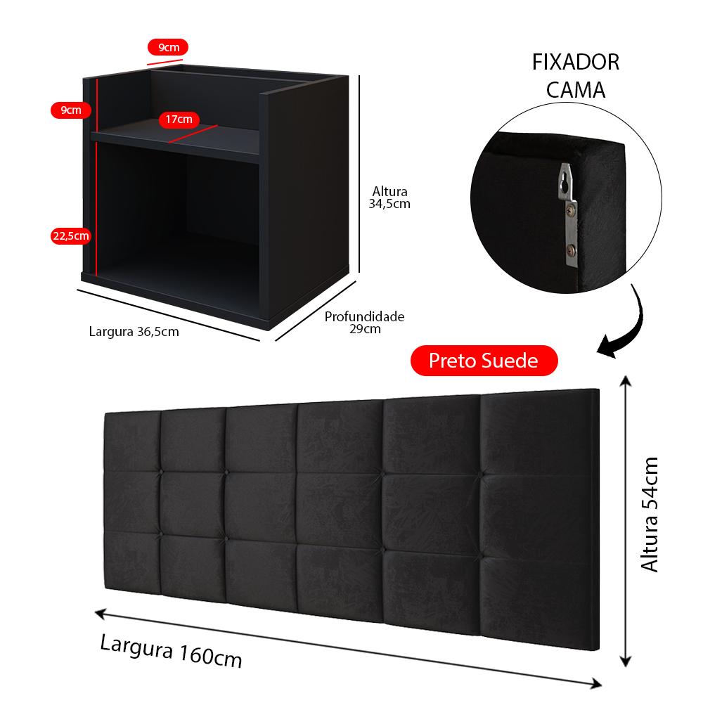 Kit 2 Mesas Suspensa Madri Nicho Aparador Lateral Cabeceira Bia 1,60 Painel Cama Box Queen Size Suede Quarto - Preto