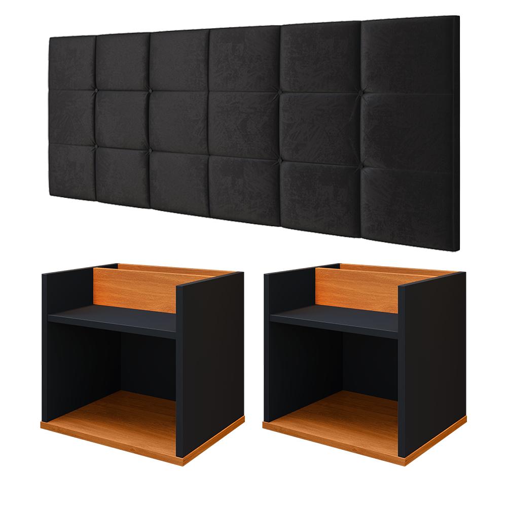 Kit 2 Mesas Suspensa Madri Nicho Aparador Lateral Cabeceira Bia 1,60 Painel Cama Box Queen Size Suede Quarto - Preto/Cinamomo