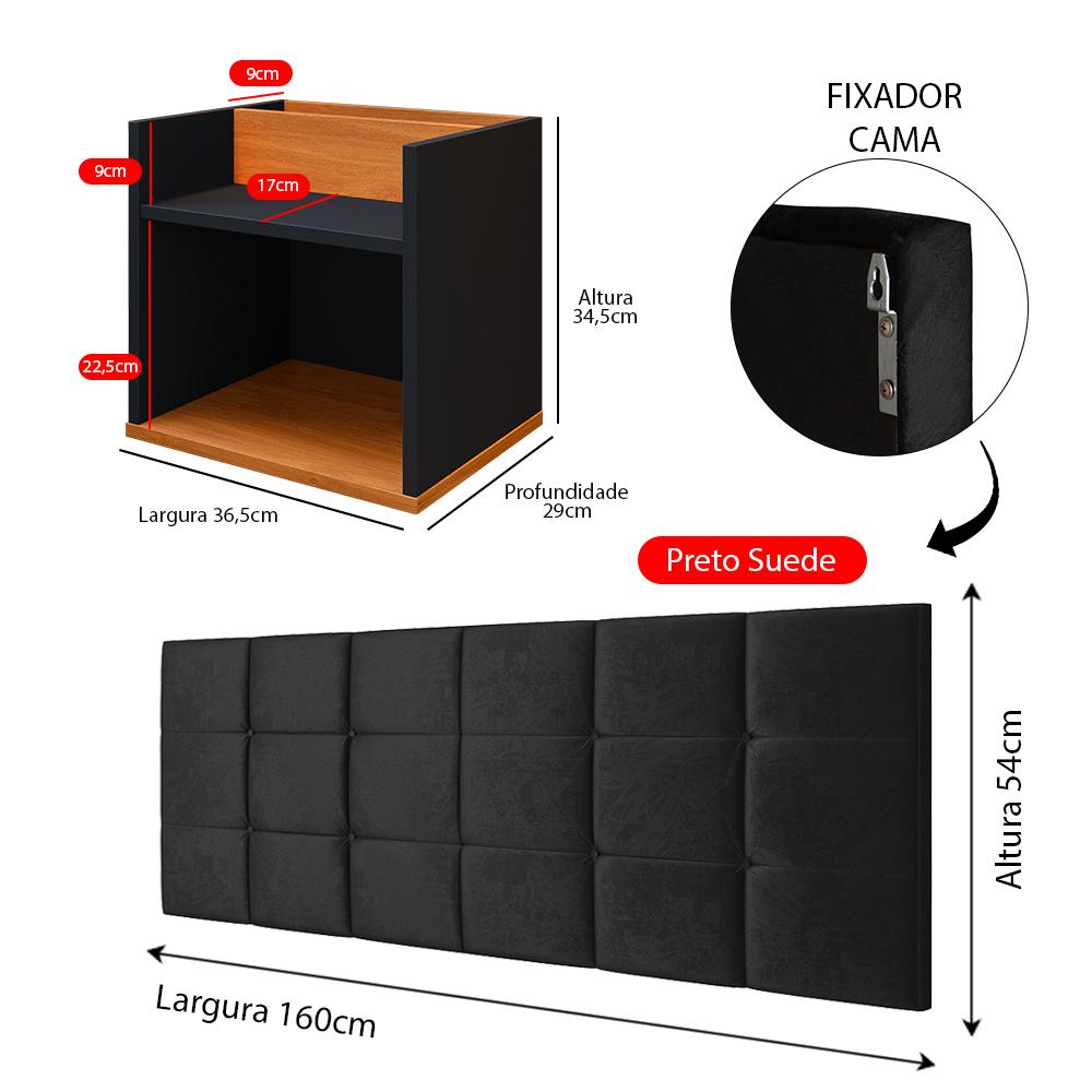 Kit 2 Mesas Suspensa Madri Nicho Aparador Lateral Cabeceira Bia 1,60 Painel Cama Box Queen Size Suede Quarto - Preto/Cinamomo