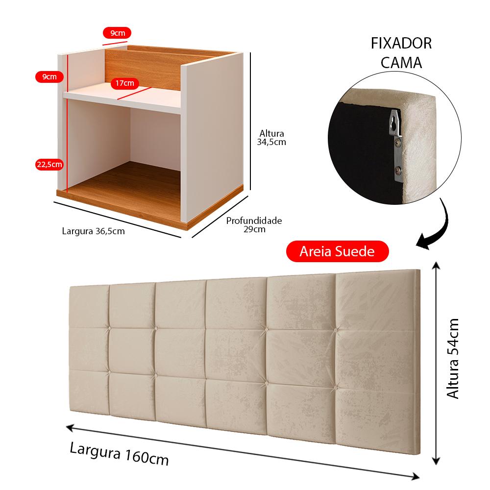 Kit 2 Mesas Suspensa Madri Off/Cinamomo Nicho Aparador Lateral Cabeceira Bia 1,60 Painel Cama Box Queen Size Areia Suede Quarto