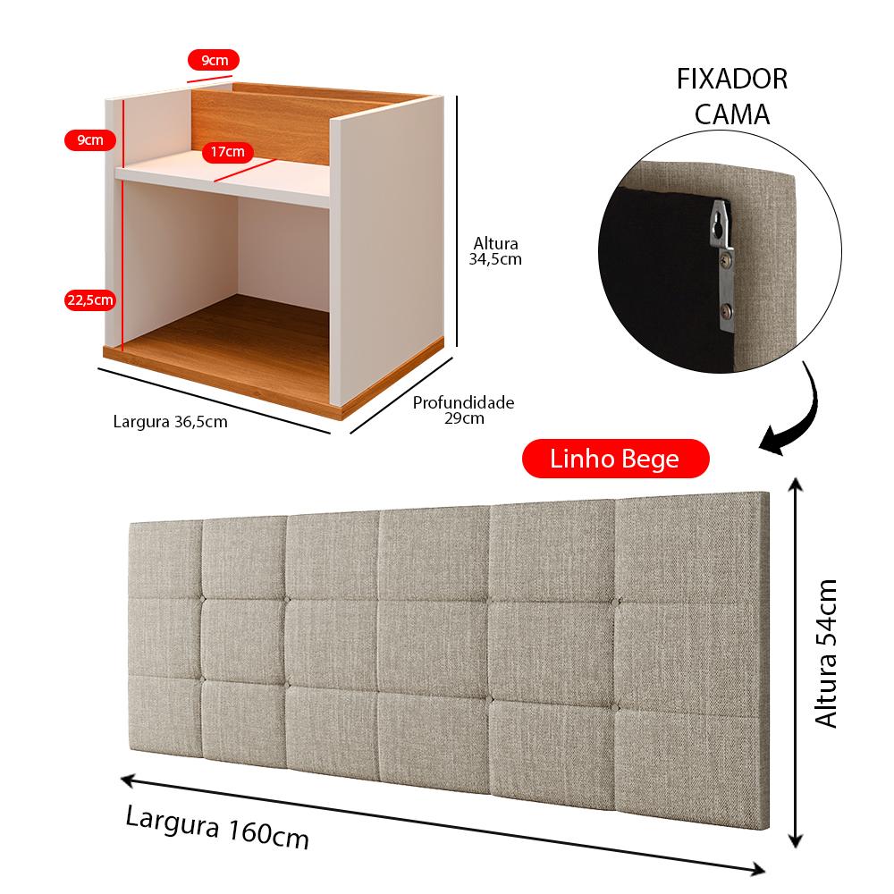 Kit 2 Mesas Suspensa Madri Off/Cinamomo Nicho Aparador Lateral Cabeceira Bia 1,60 Painel Cama Box Queen Size Bege Linho Quarto