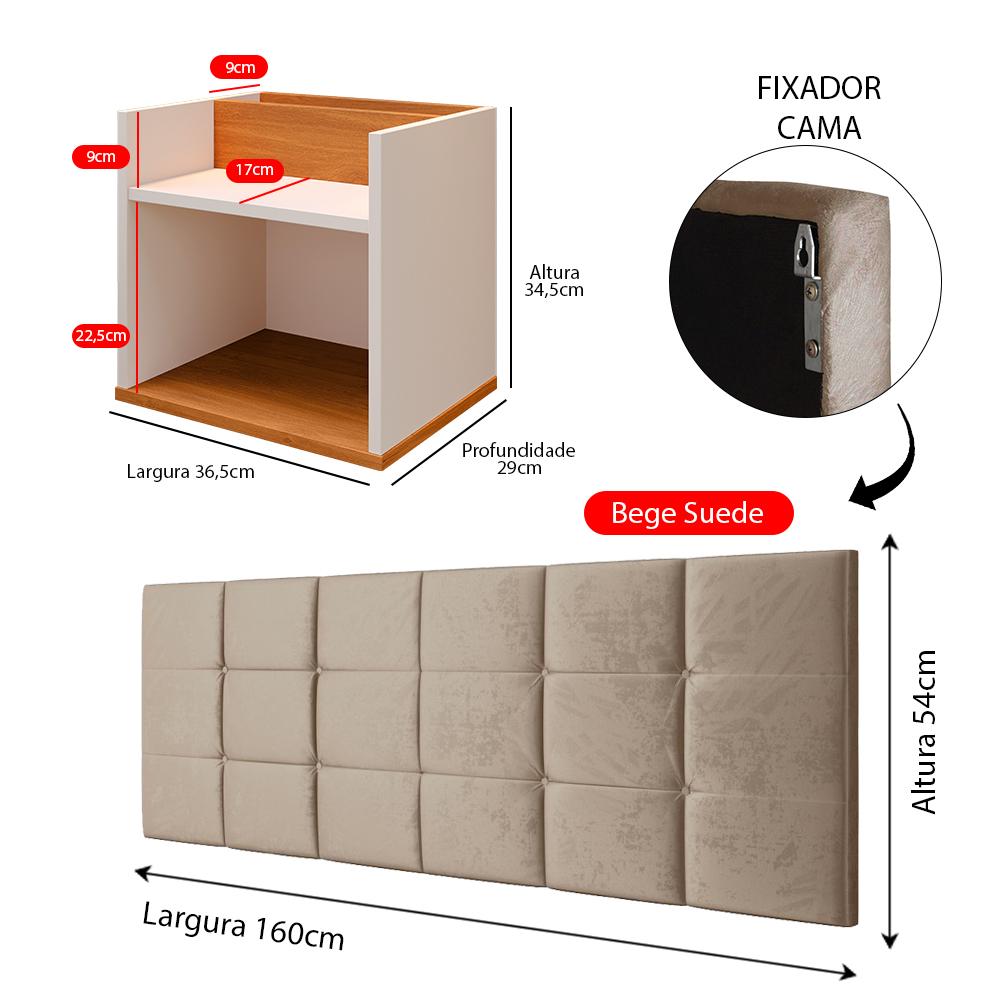 Kit 2 Mesas Suspensa Madri Off/Cinamomo Nicho Aparador Lateral Cabeceira Bia 1,60 Painel Cama Box Queen Size Bege Suede Quarto