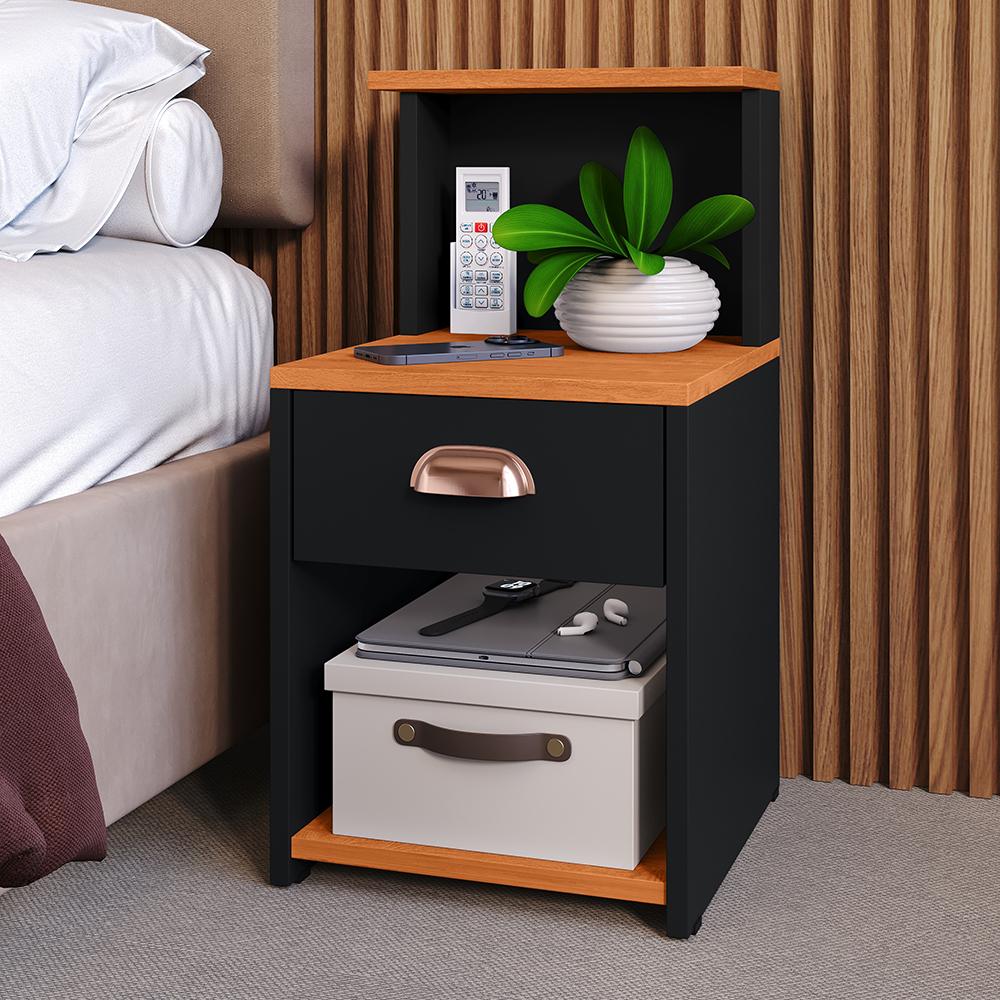 Kit 2 Mesas de Cabeceira Cléo Preto/Cinamomo 1 Gaveta Puxador Concha Nicho Prateleira Suspensa Lateral Cama Box Quarto - Lojas RPM