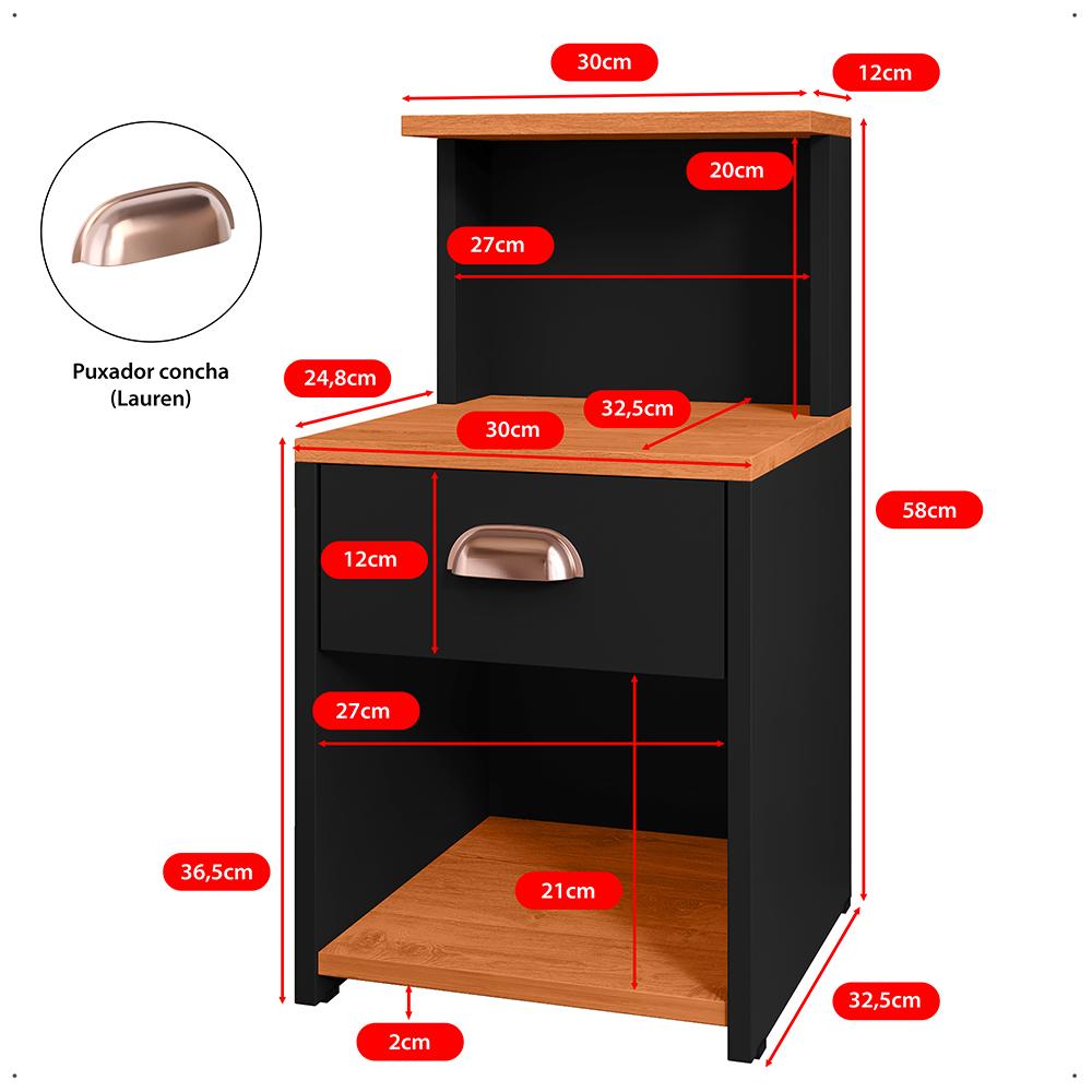 Kit 2 Mesas de Cabeceira Cléo Preto/Cinamomo 1 Gaveta Puxador Concha Nicho Prateleira Suspensa Lateral Cama Box Quarto - Lojas RPM