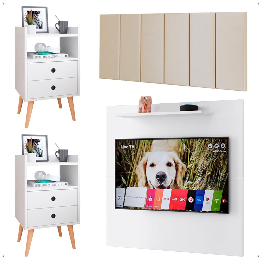 Kit 2 Mesinhas Apoio Branco Painel Tv 32 Polegadas Prateleira Suspensa Cabeceira Cama Box Queen Size 1,60 Areia Suede - Lojas RPM