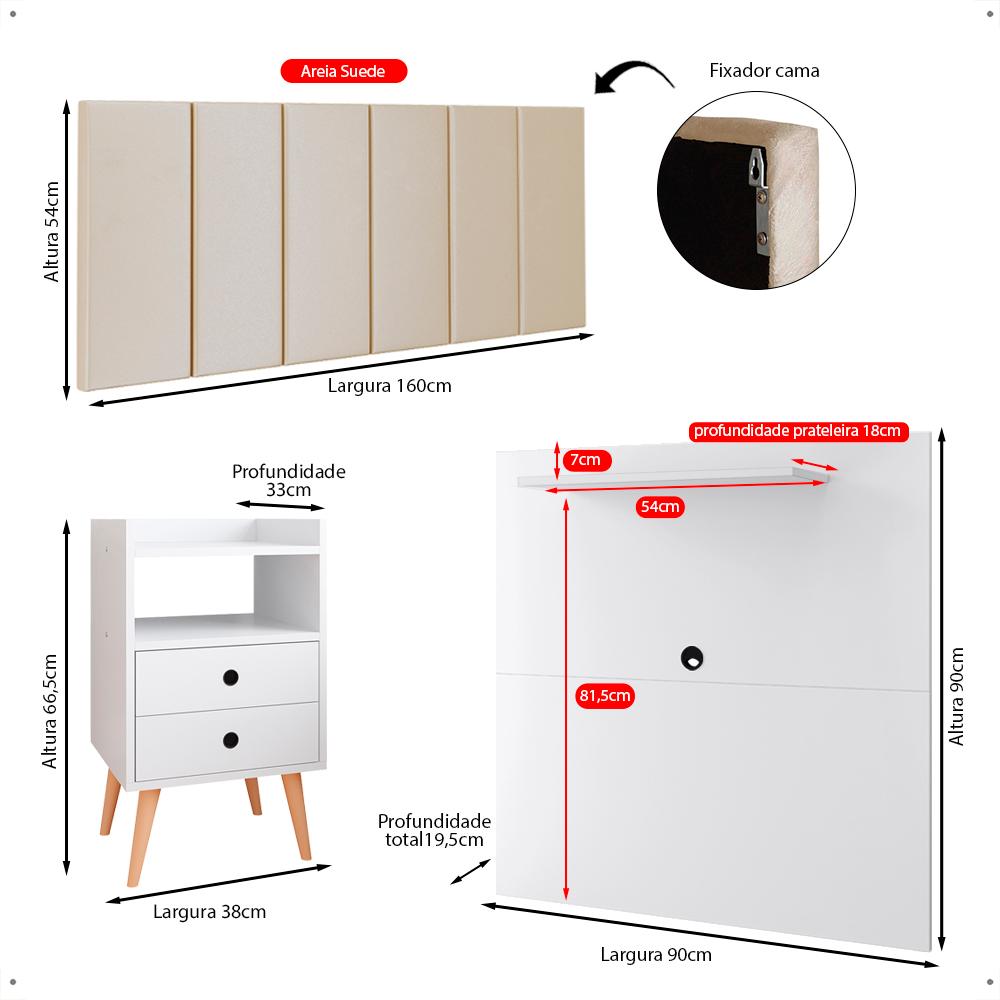 Kit 2 Mesinhas Apoio Branco Painel Tv 32 Polegadas Prateleira Suspensa Cabeceira Cama Box Queen Size 1,60 Areia Suede - Lojas RPM