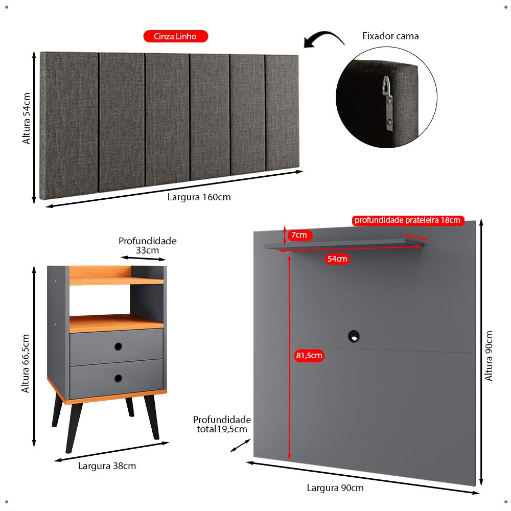 Kit 2 Mesinhas Apoio Cinza/Cinamomo Painel Tv 32 Polegadas Prateleira Suspensa Cabeceira Cama Box Queen Size 1,60 Linho - Lojas RPM