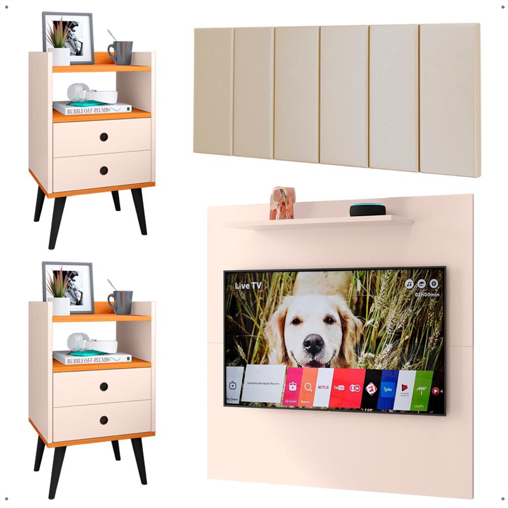 Kit 2 Mesinhas Apoio Off White/Cinamomo Painel Tv 32 Polegadas Prateleira Suspensa Cabeceira Cama Box Queen Size 1,60 Areia Suede - Lojas RPM