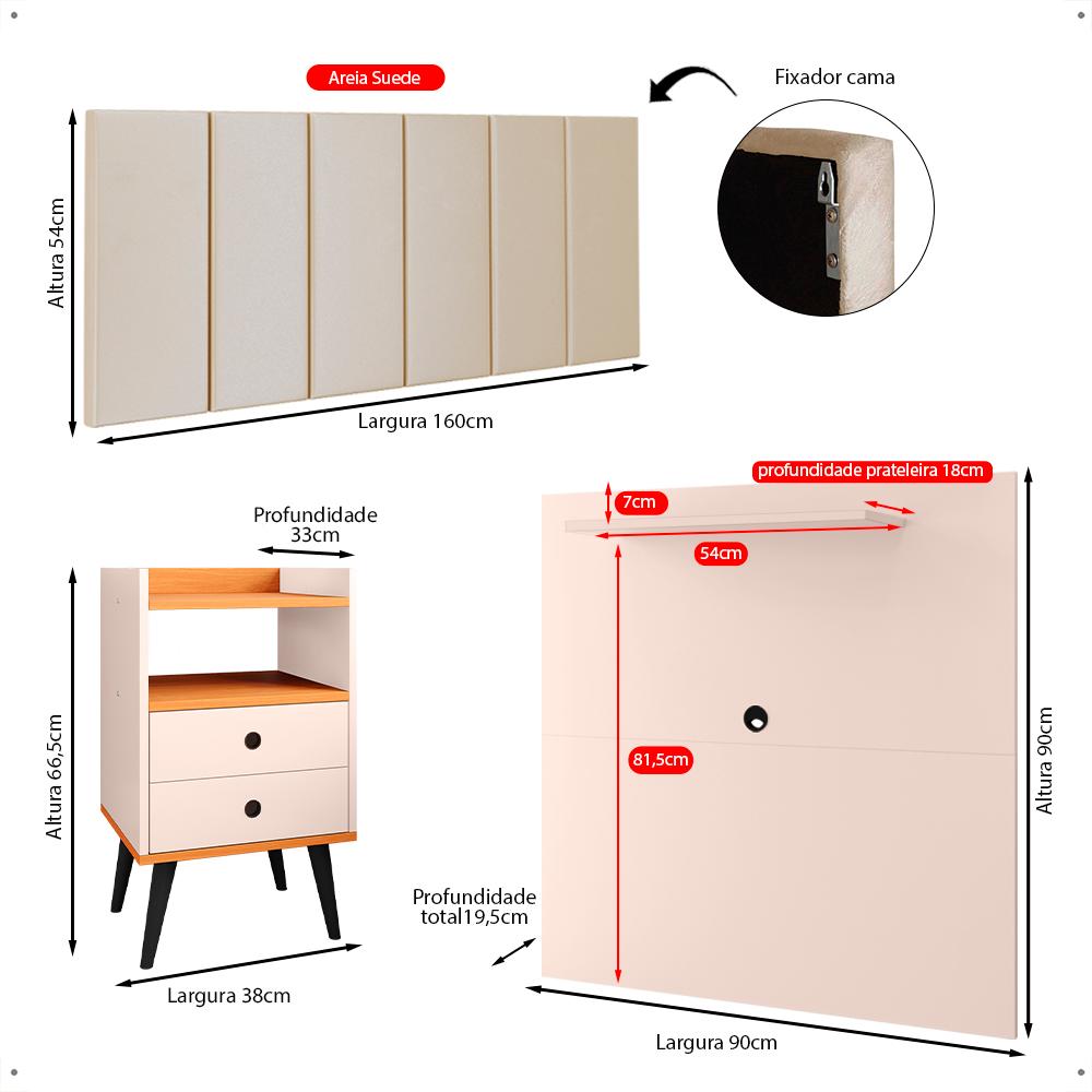 Kit 2 Mesinhas Apoio Off White/Cinamomo Painel Tv 32 Polegadas Prateleira Suspensa Cabeceira Cama Box Queen Size 1,60 Areia Suede - Lojas RPM