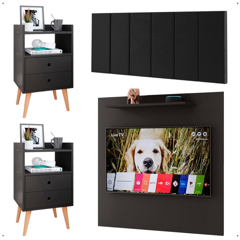 Kit 2 Mesinhas Apoio Preto Painel Tv 32 Polegadas Prateleira Suspensa Cabeceira Cama Box Queen Size 1,60 Suede - Lojas RPM
