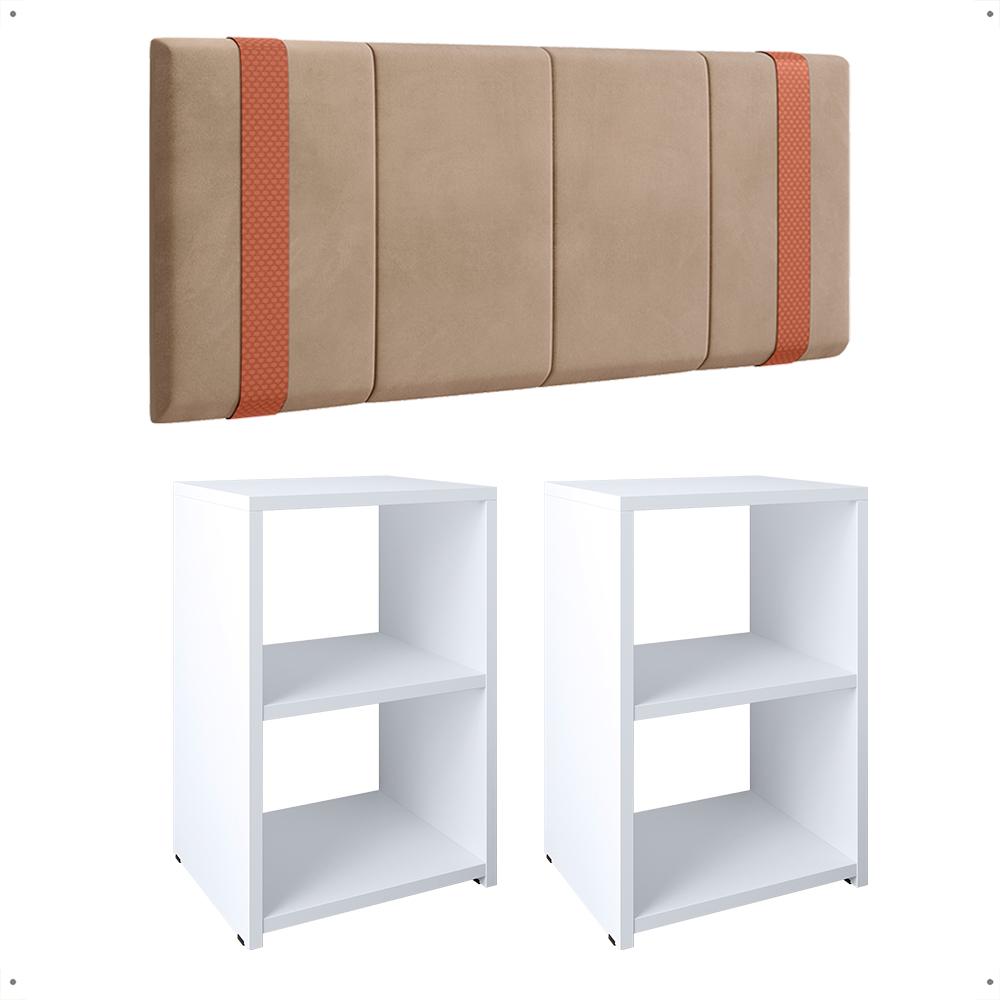 Kit 2 Mesinhas Bella Lateral Prateleira Branco Cabeceira Parise Suspensa Cama Box Queen Size 1,60 Estofada Bege Suede - Lojas RPM