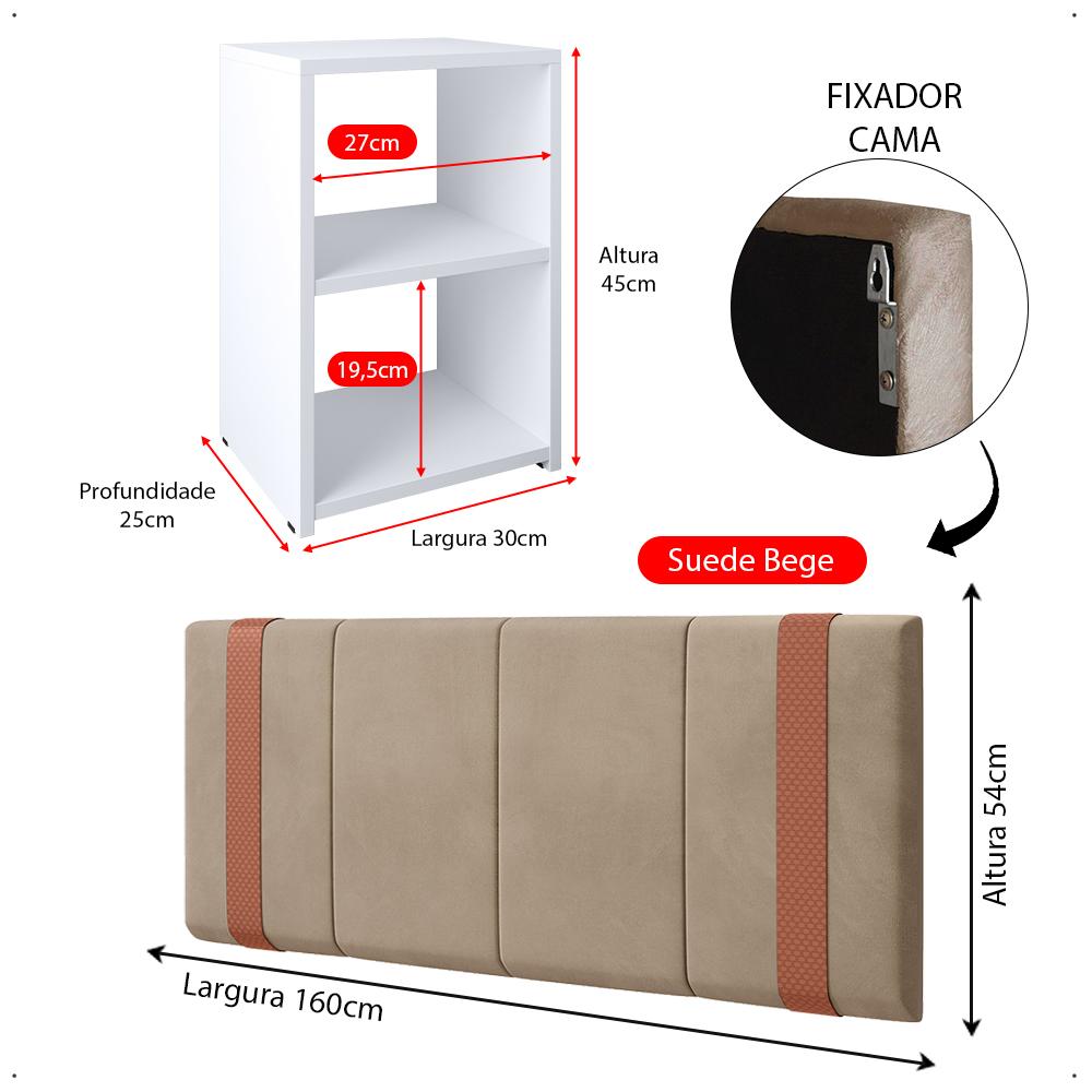 Kit 2 Mesinhas Bella Lateral Prateleira Branco Cabeceira Parise Suspensa Cama Box Queen Size 1,60 Estofada Bege Suede - Lojas RPM