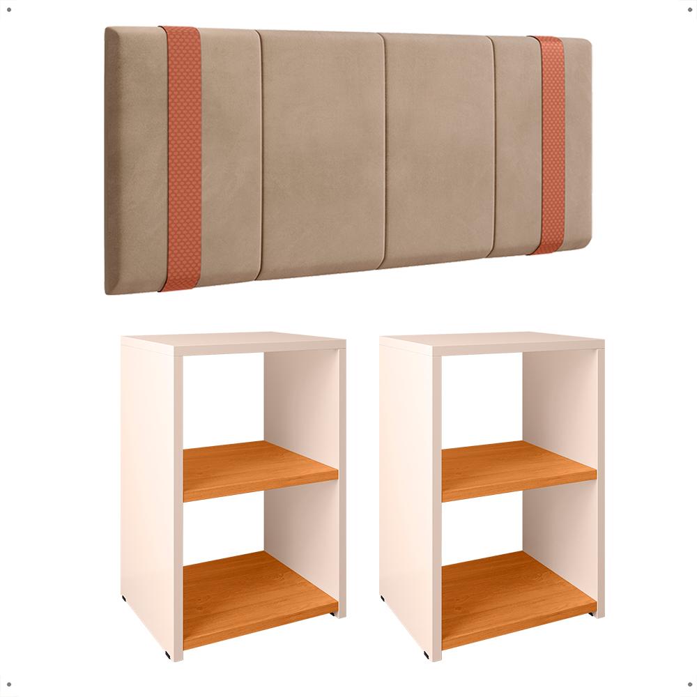 Kit 2 Mesinhas Bella Lateral Prateleira Off White/Cinamomo Cabeceira Parise Suspensa Cama Box Queen Size 1,60 Estofada Bege Suede - Lojas RPM