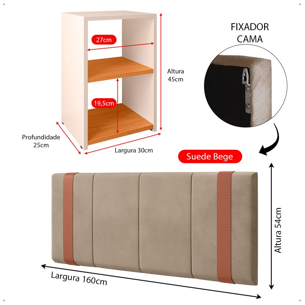 Kit 2 Mesinhas Bella Lateral Prateleira Off White/Cinamomo Cabeceira Parise Suspensa Cama Box Queen Size 1,60 Estofada Bege Suede - Lojas RPM