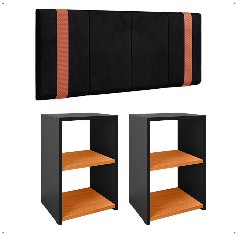 Kit 2 Mesinhas Bella Lateral Prateleira Preto/Cinamomo Cabeceira Parise Suspensa Cama Box Queen Size 1,60 Estofada Suede - Lojas RPM