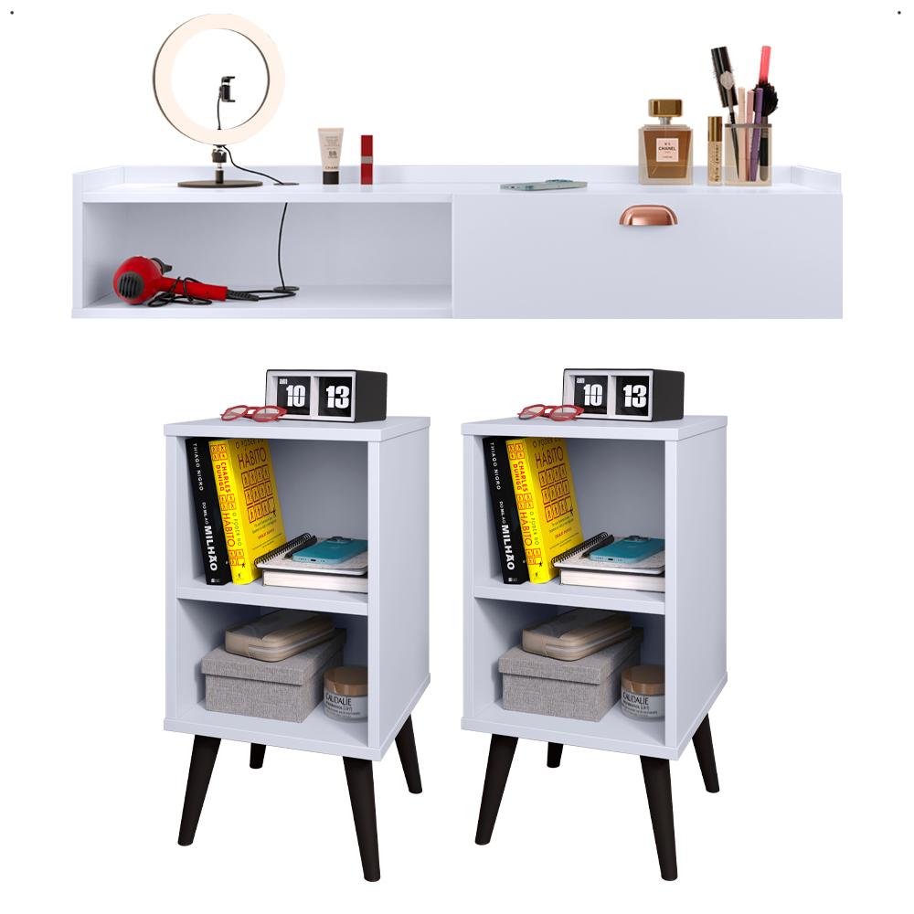 Kit 2 Mesinhas Cabeceira Charme Mesa Lateral Cama Penteadeira Suspensa Decor Puxador Concha Nicho Organizador Branco - Lojas RPM