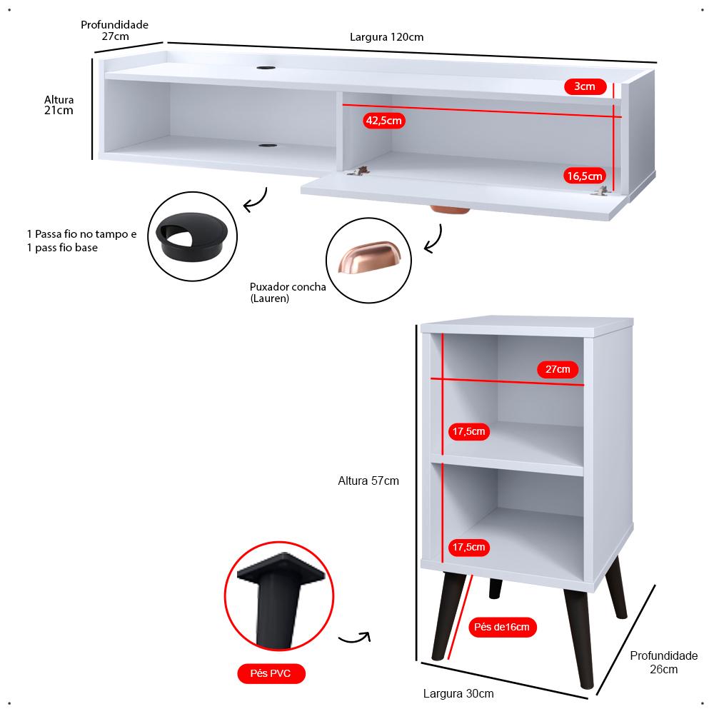 Kit 2 Mesinhas Cabeceira Charme Mesa Lateral Cama Penteadeira Suspensa Decor Puxador Concha Nicho Organizador Branco - Lojas RPM