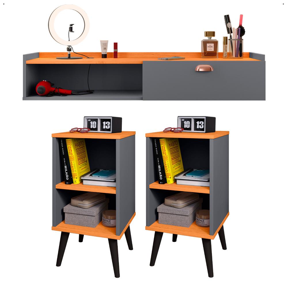 Kit 2 Mesinhas Cabeceira Charme Mesa Lateral Cama Penteadeira Suspensa Decor Puxador Concha Nicho Organizador Cinza/Cinamomo - Lojas RPM
