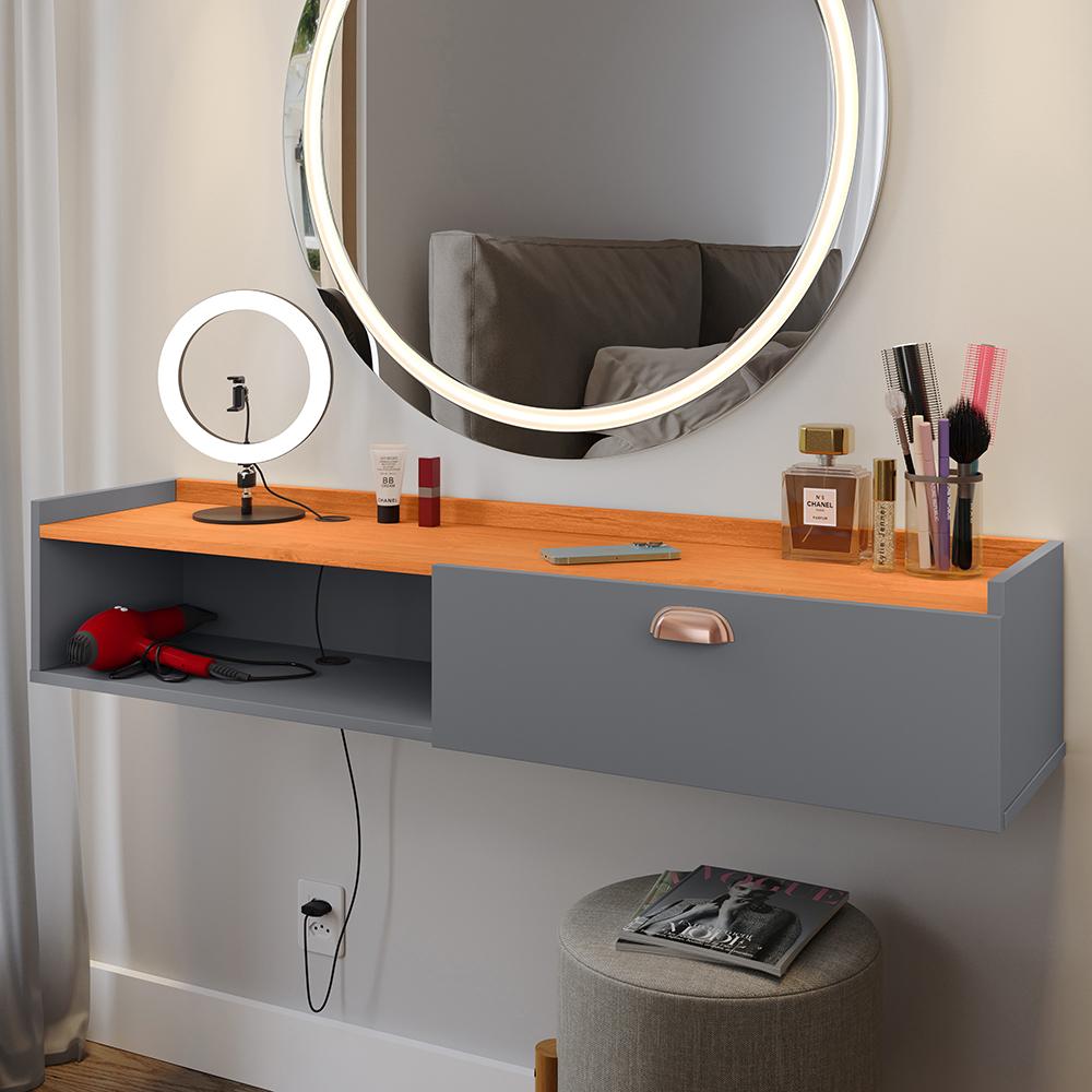 Kit 2 Mesinhas Cabeceira Charme Mesa Lateral Cama Penteadeira Suspensa Decor Puxador Concha Nicho Organizador Cinza/Cinamomo - Lojas RPM