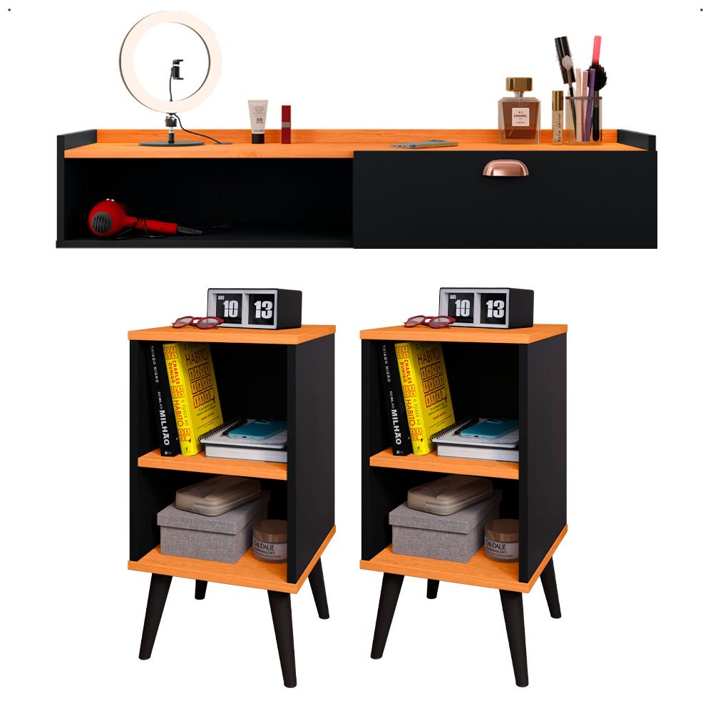 Kit 2 Mesinhas Cabeceira Charme Mesa Lateral Cama Penteadeira Suspensa Decor Puxador Concha Nicho Organizador Preto/Cinamomo - Lojas RPM
