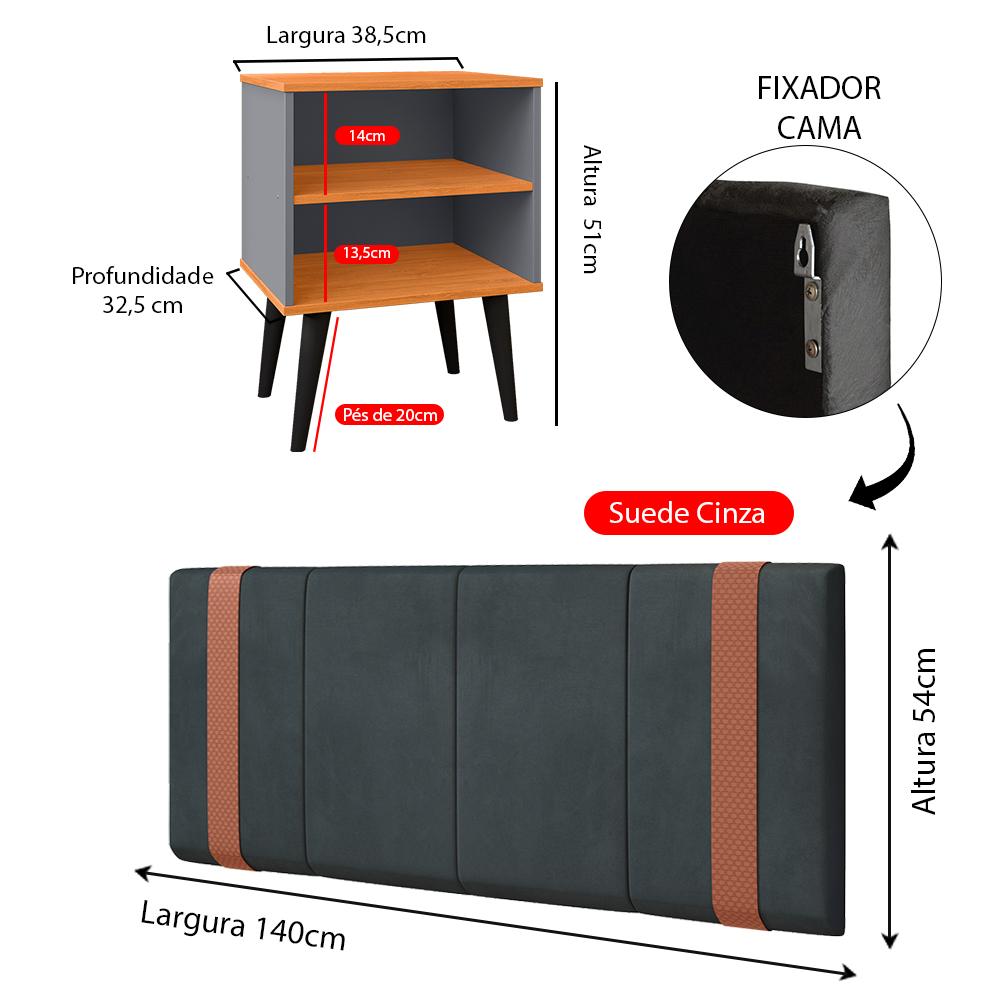 Kit 2 Mesinhas Cabeceira Cinza/Cinamomo Nicho Prateleira Organizadora Painel Suspenso Parise Cama Box Casal 1,40 Suede - Lojas RPM
