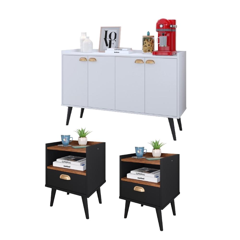 Kit 2 Mesinhas Cabeceira Estilo Retrô Preto/Freijó 1 Gaveta Nicho Decorativo e Buffet Kiev Cantinho Café Branco - RPM Móveis
