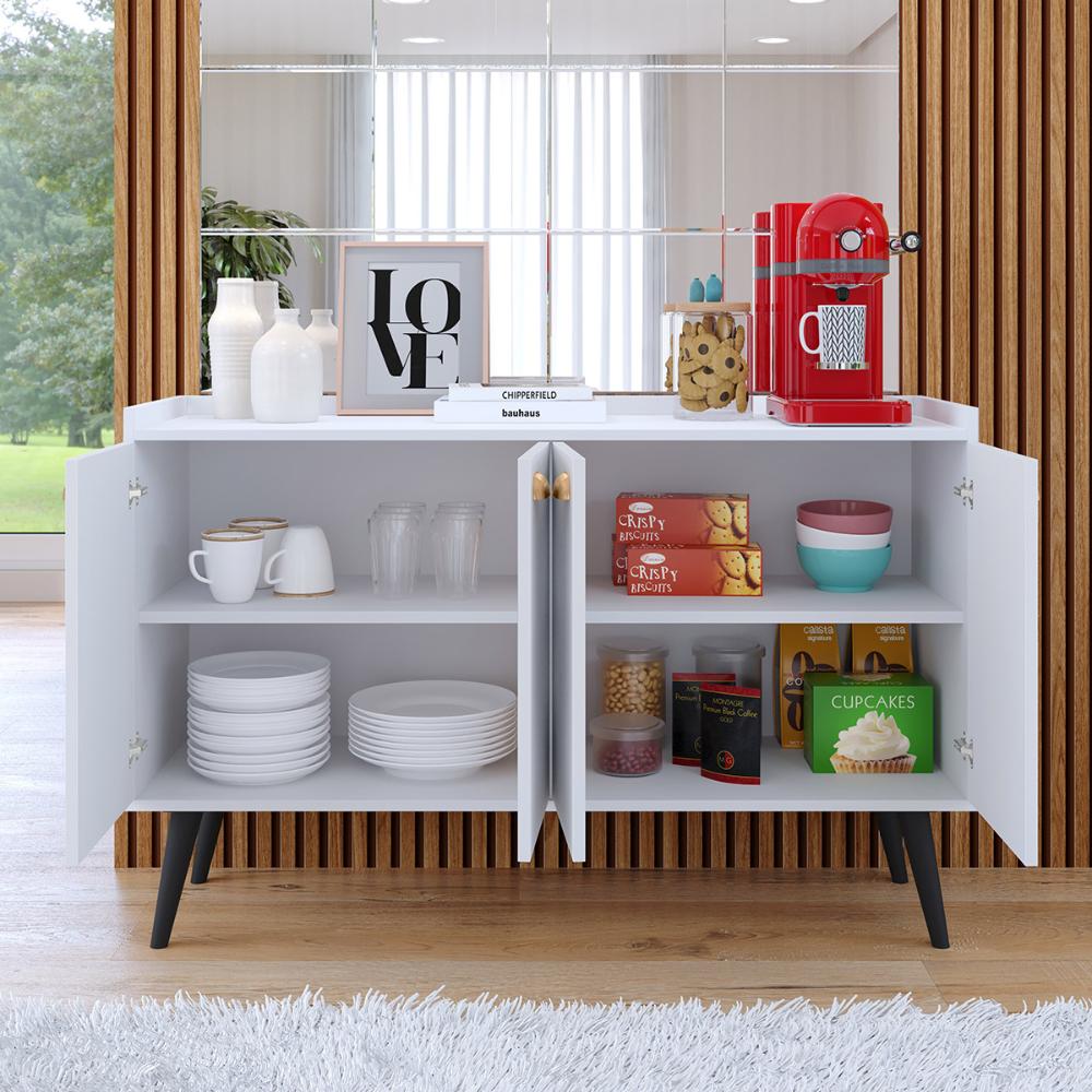Kit 2 Mesinhas Cabeceira Estilo Retrô Preto/Freijó 1 Gaveta Nicho Decorativo e Buffet Kiev Cantinho Café Branco - RPM Móveis