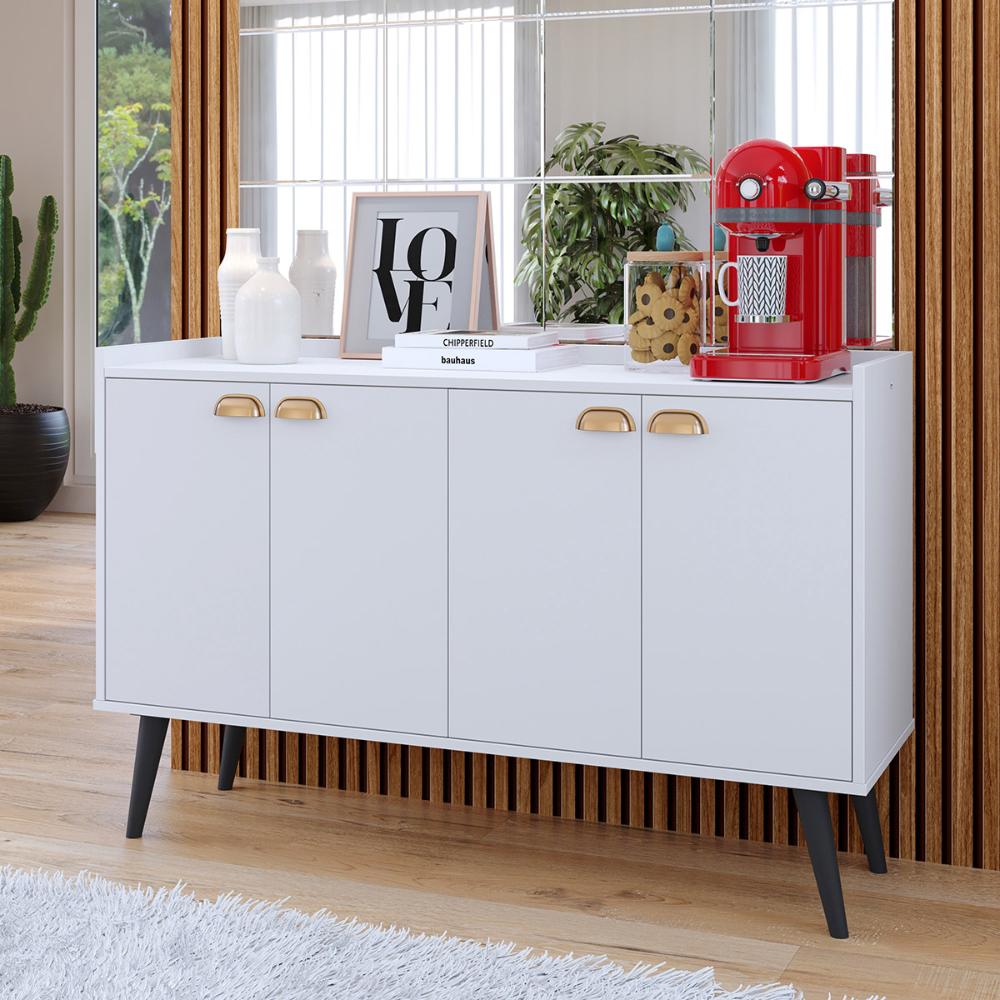 Kit 2 Mesinhas Cabeceira Estilo Retrô Preto/Freijó 1 Gaveta Nicho Decorativo e Buffet Kiev Cantinho Café Branco - RPM Móveis