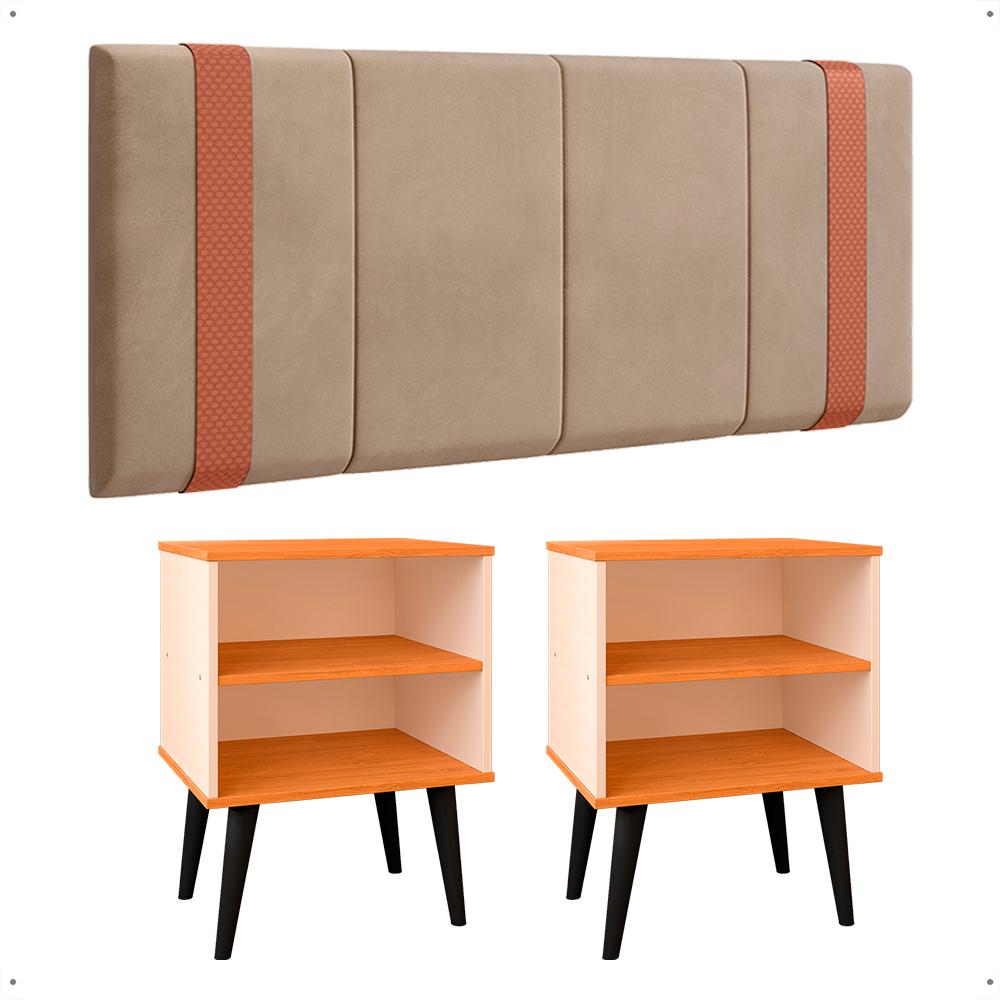 Kit 2 Mesinhas Cabeceira Off White/Cinamomo Nicho Prateleira Organizadora Painel Suspenso Parise Cama Box Casal 1,40 Bege Suede - Lojas RPM