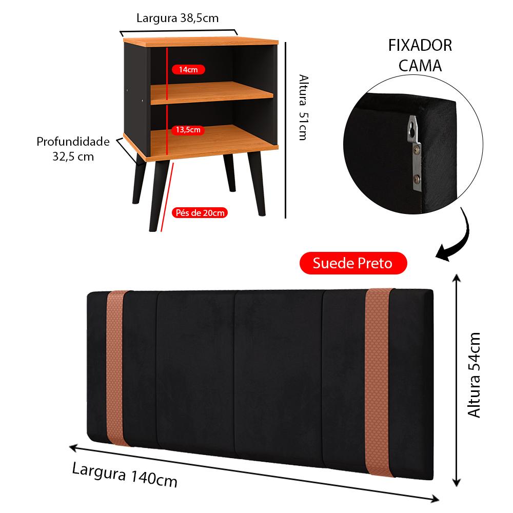 Kit 2 Mesinhas Cabeceira Preto/Cinamomo Nicho Prateleira Organizadora Painel Suspenso Parise Cama Box Casal 1,40 Suede - Lojas RPM