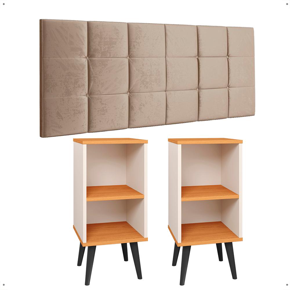 Kit 2 Mesinhas Charme Off White/Cinamomo Pés Palito Retrô Cabeceira Suspensa Bia Bege Suede 1,40 Estofada Cama Casal - Lojas RPM