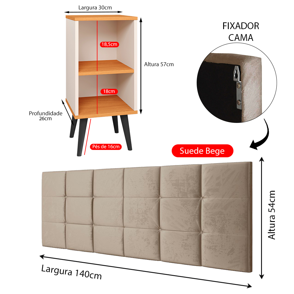 Kit 2 Mesinhas Charme Off White/Cinamomo Pés Palito Retrô Cabeceira Suspensa Bia Bege Suede 1,40 Estofada Cama Casal - Lojas RPM