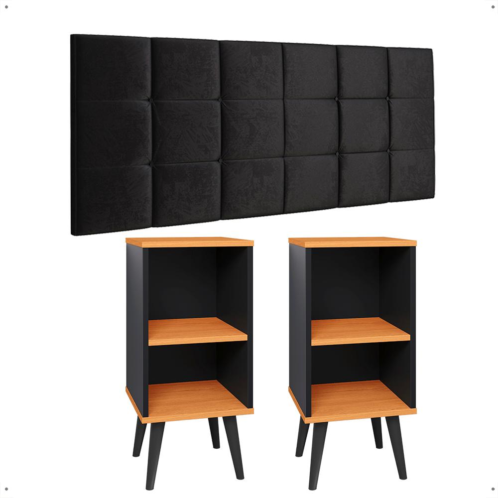 Kit 2 Mesinhas Charme Preto/Cinamomo Pés Palito Retrô Cabeceira Suspensa Bia Suede 1,40 Estofada Cama Casal - Lojas RPM