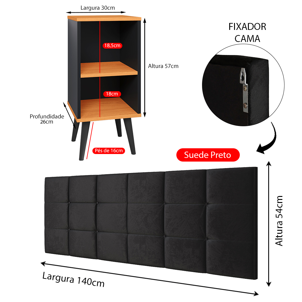 Kit 2 Mesinhas Charme Preto/Cinamomo Pés Palito Retrô Cabeceira Suspensa Bia Suede 1,40 Estofada Cama Casal - Lojas RPM