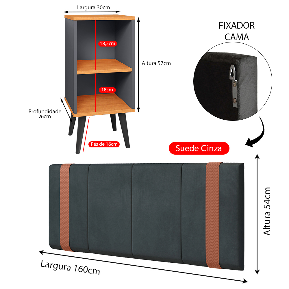 Kit 2 Mesinhas Cinza/Cinamomo Canto Nicho Prateleira Cabeceira Suspensa Almofadada Cama Box Queen Size 1,60 Detalhe Lateral Suede - Lojas RPM