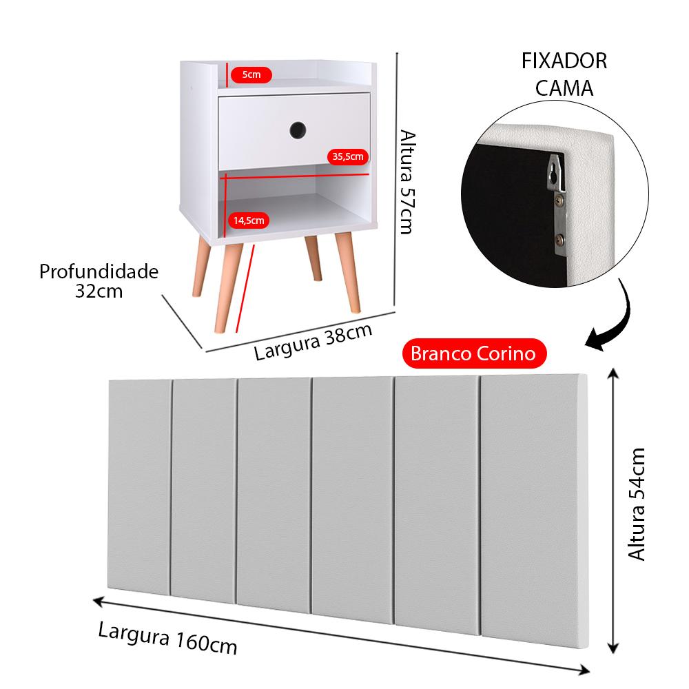 Kit 2 Mesinhas Decore Branco Nicho Porta Objetos Cabeceira Suspensa Júlia Cama Box Casal 1,60 Corino - Lojas RPM
