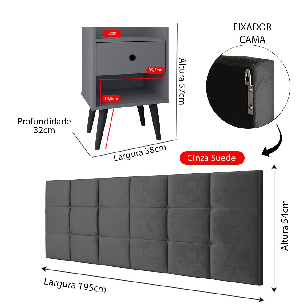 Kit 2 Mesinhas Decore Cinza/Preto Nicho Porta Objetos Pés Palito Cabeceira Suspensa Bia Cama Box King 1,95 Cinza Suede - Lojas RPM