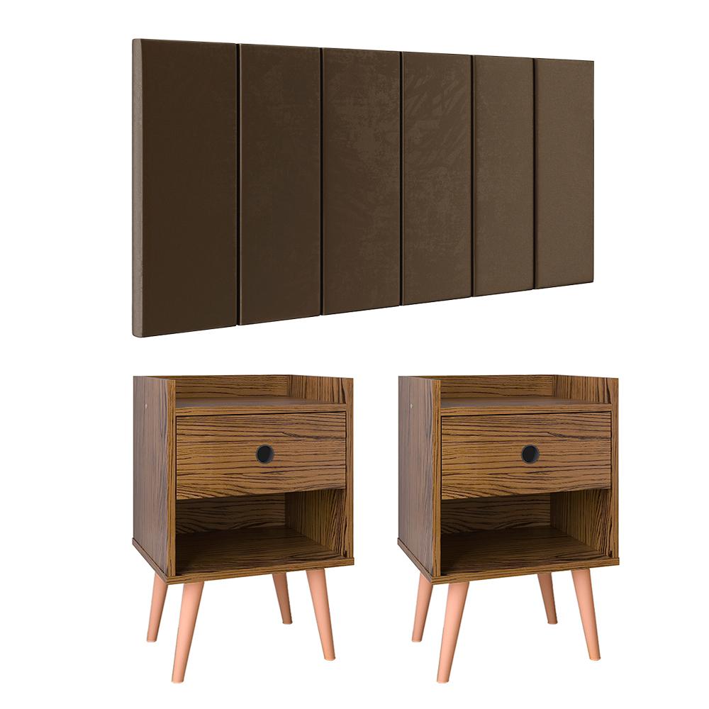 Kit 2 Mesinhas Decore Freijó Nicho Porta Objetos Pés Palito Cabeceira Suspensa Júlia Cama Box King 1,95 Marrom Suede - Lojas RPM