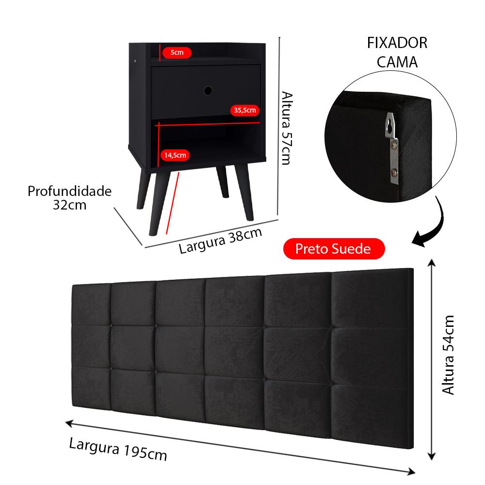 Kit 2 Mesinhas Decore Nicho Porta Objetos Pés Palito Cabeceira Suspensa Bia Cama Box King 1,95 Preto Suede - Lojas RPM