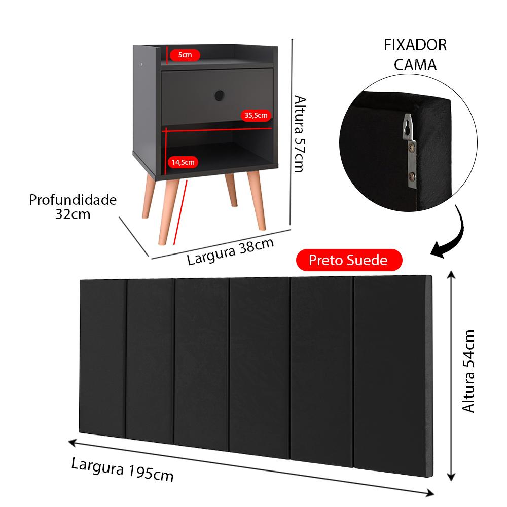 Kit 2 Mesinhas Decore Nicho Porta Objetos Pés Palito Cabeceira Suspensa Júlia Cama Box King 1,95 Preto Suede - Lojas RPM
