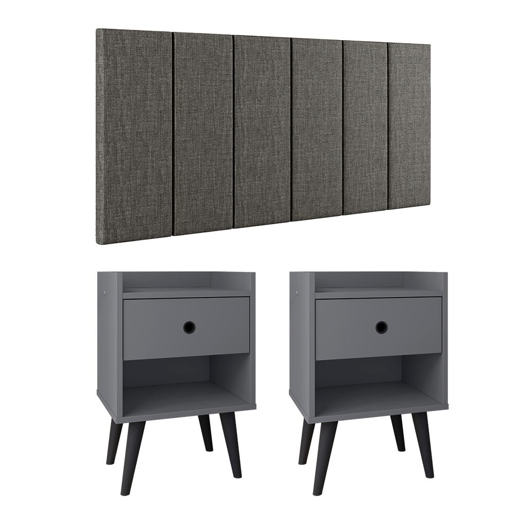 Kit 2 Mesinhas Decore Nicho Porta Objetos Pés Palito Preto Cabeceira Suspensa Júlia Cama Box King 1,95 Cinza Linho - Lojas RPM