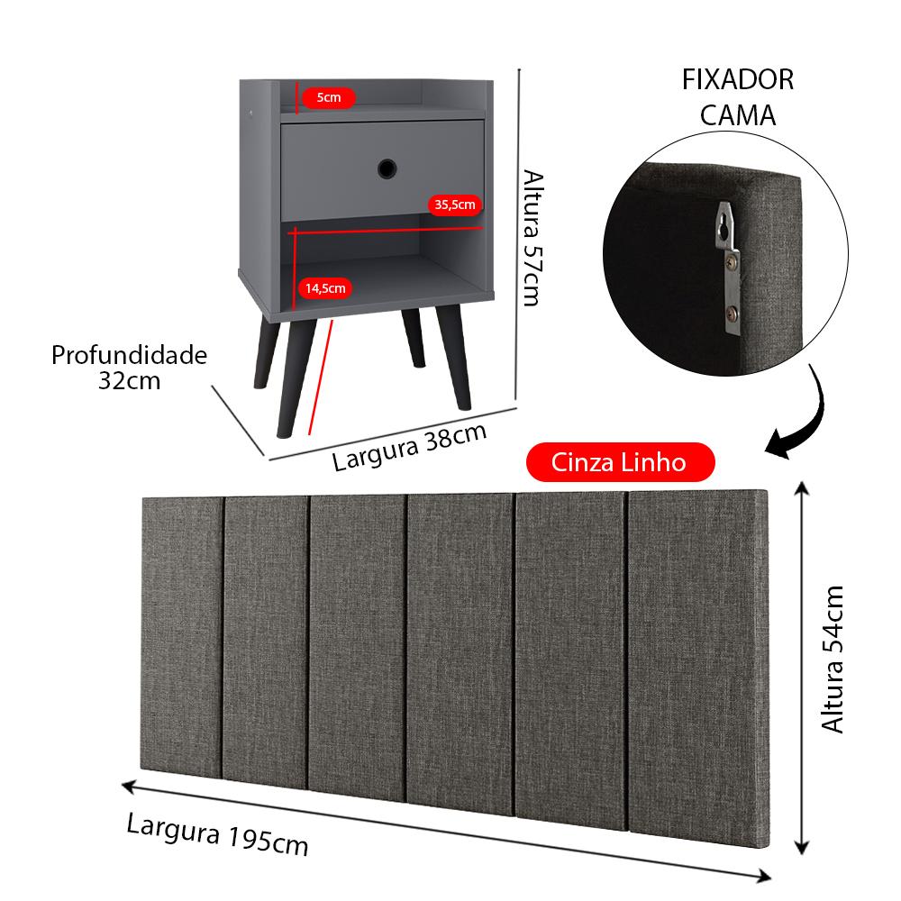Kit 2 Mesinhas Decore Nicho Porta Objetos Pés Palito Preto Cabeceira Suspensa Júlia Cama Box King 1,95 Cinza Linho - Lojas RPM