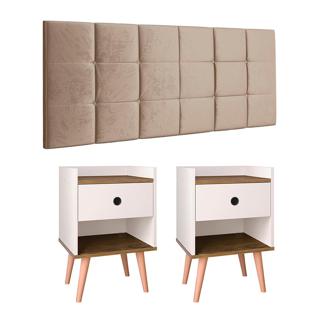 Kit 2 Mesinhas Decore Off/Freijó Nicho Porta Objetos Pés Palito Cabeceira Suspensa Bia Cama Box King 1,95 Bege Suede - Lojas RPM