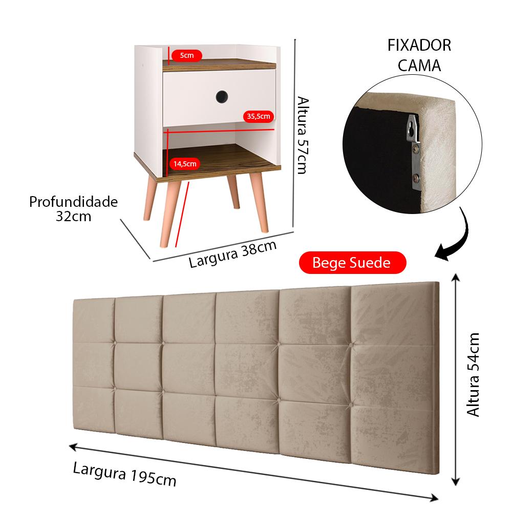 Kit 2 Mesinhas Decore Off/Freijó Nicho Porta Objetos Pés Palito Cabeceira Suspensa Bia Cama Box King 1,95 Bege Suede - Lojas RPM