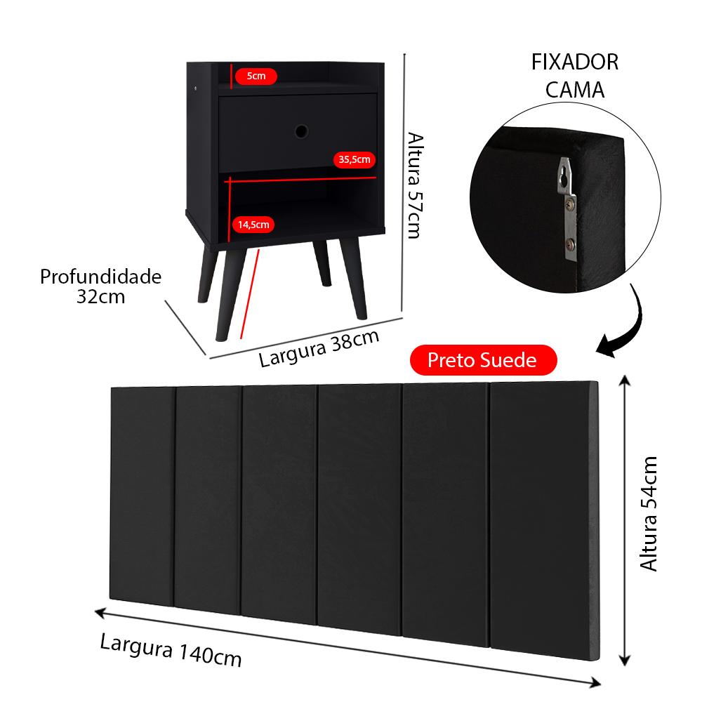 Kit 2 Mesinhas Decore Preto Nicho Porta Objetos Pés Palito Cabeceira Suspensa Júlia Cama Box Casal 1,40 Suede - Lojas RPM