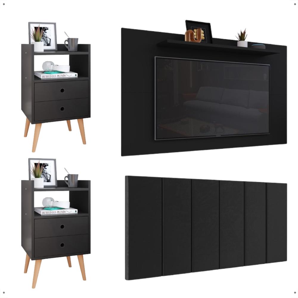 Kit 2 Mesinhas Dream Retrô Cabeceira Suspensa Júlia Cama Box Queen Size 1,60 Suede Painel Samba Texas Tv 48 Polegadas Preto - Lojas RPM