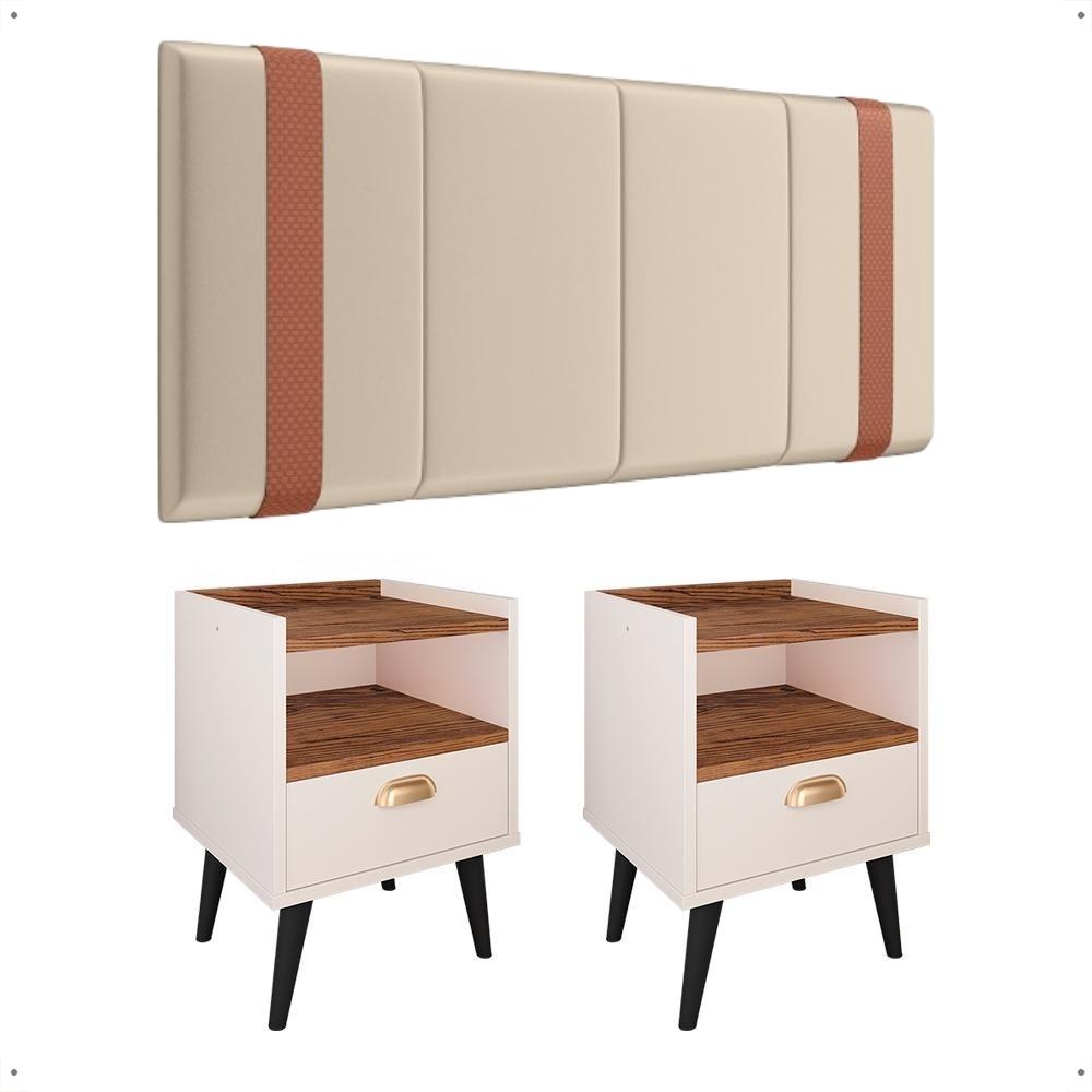 Kit 2 Mesinhas Estilo Nicho Gaveta Puxador Concha Off White/Freijó Cabeceira Suspensa Estofada Parise Cama Box Casal 1,40 Bege Suede - Lojas RPM