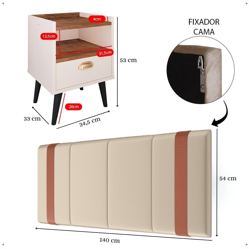 Kit 2 Mesinhas Estilo Nicho Gaveta Puxador Concha Off White/Freijó Cabeceira Suspensa Estofada Parise Cama Box Casal 1,40 Bege Suede - Lojas RPM